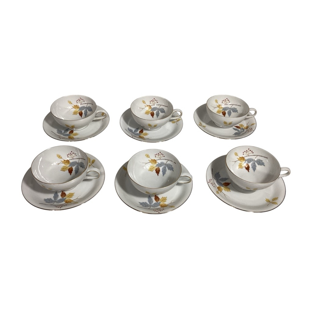 Eschenbach Bavaria White Gold Blue Leaf 12-Pc Tea Set Autumn Fall Leaves saucers